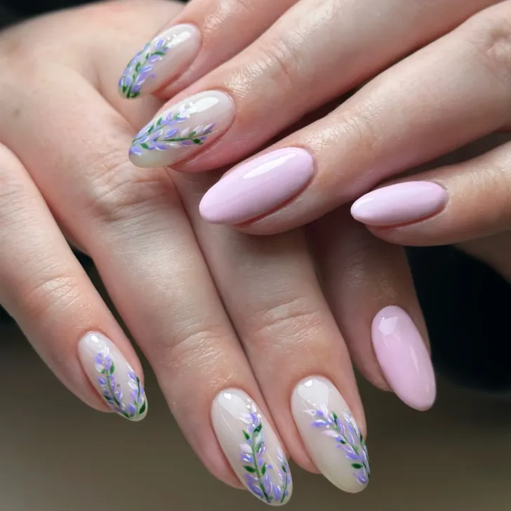 Fall floral nails with rich purple coffin flower designs - elegant hand showcasing deep purple base with rich purple flower petals, featuring green leaves and stems on coffin-shaped nails